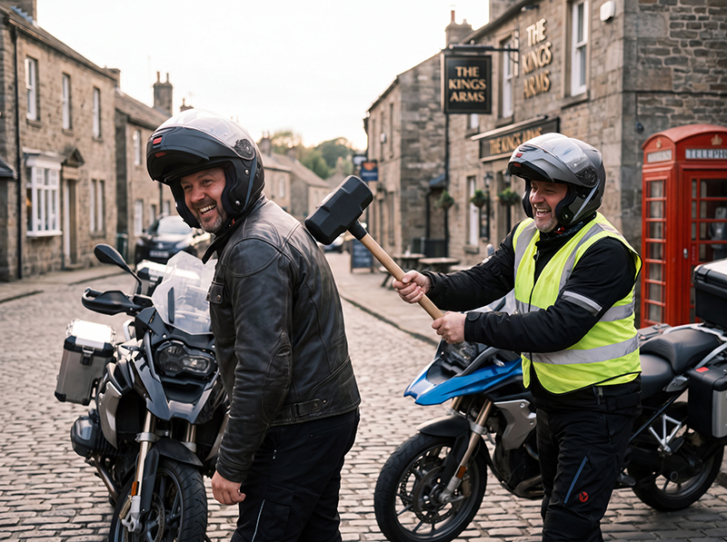 Motorcyclist swinging sledge hammer at other motorcyclist